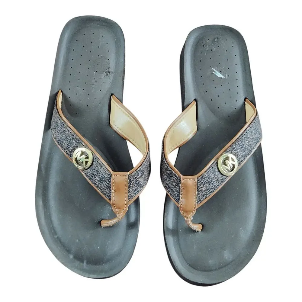 Michael Kors flip flop sandals sz, 8 brown tan MK logo